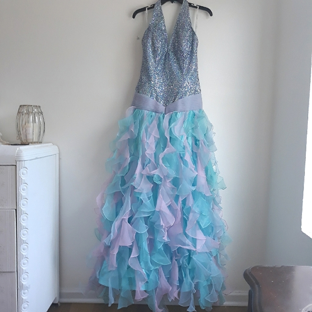 Jovani halter sequin blue prom dress